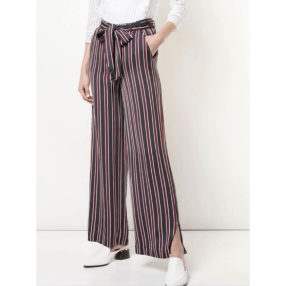 Frame Wide Leg Tie Waist Pants Womens L Striped Satin Pleated Trousers